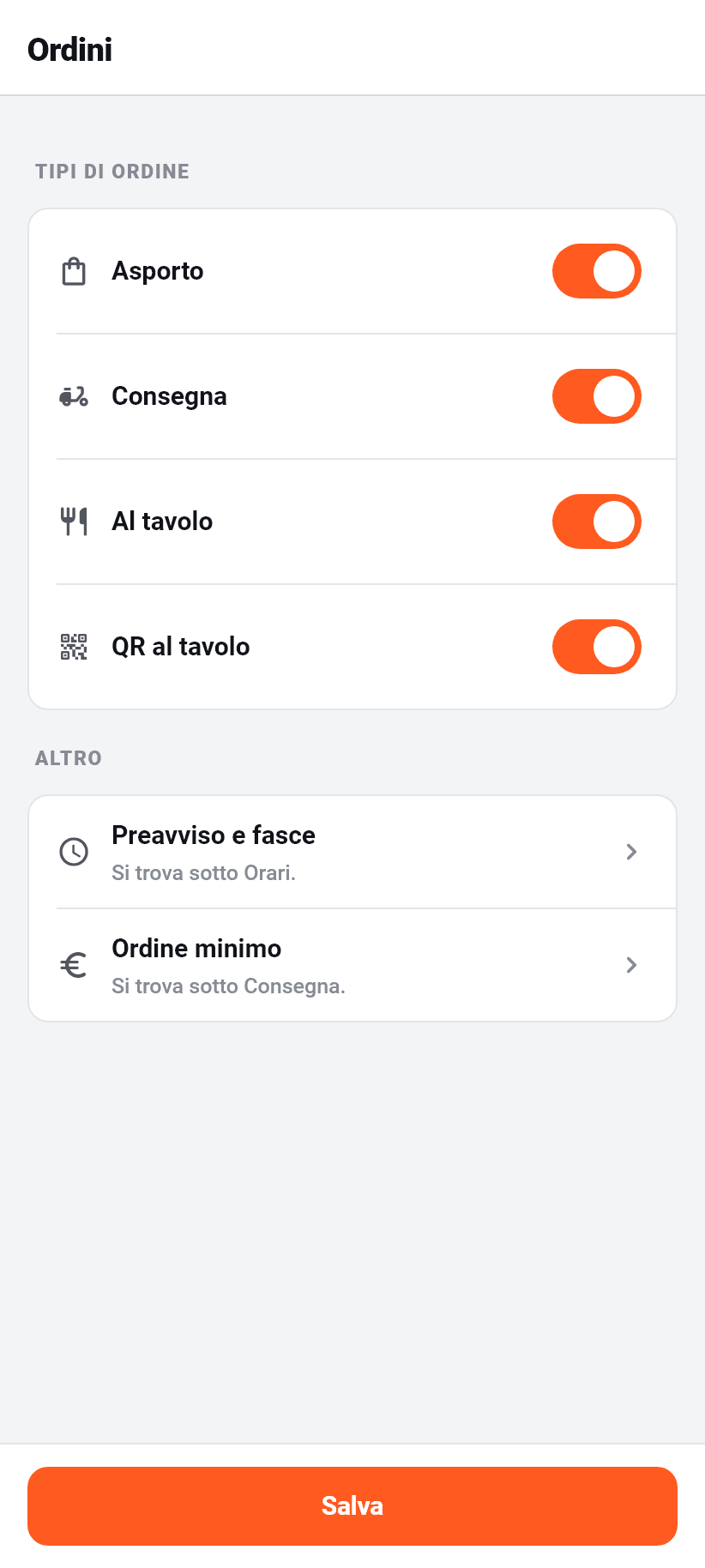 Le impostazioni nell'applicazione: Flusso d'ordine