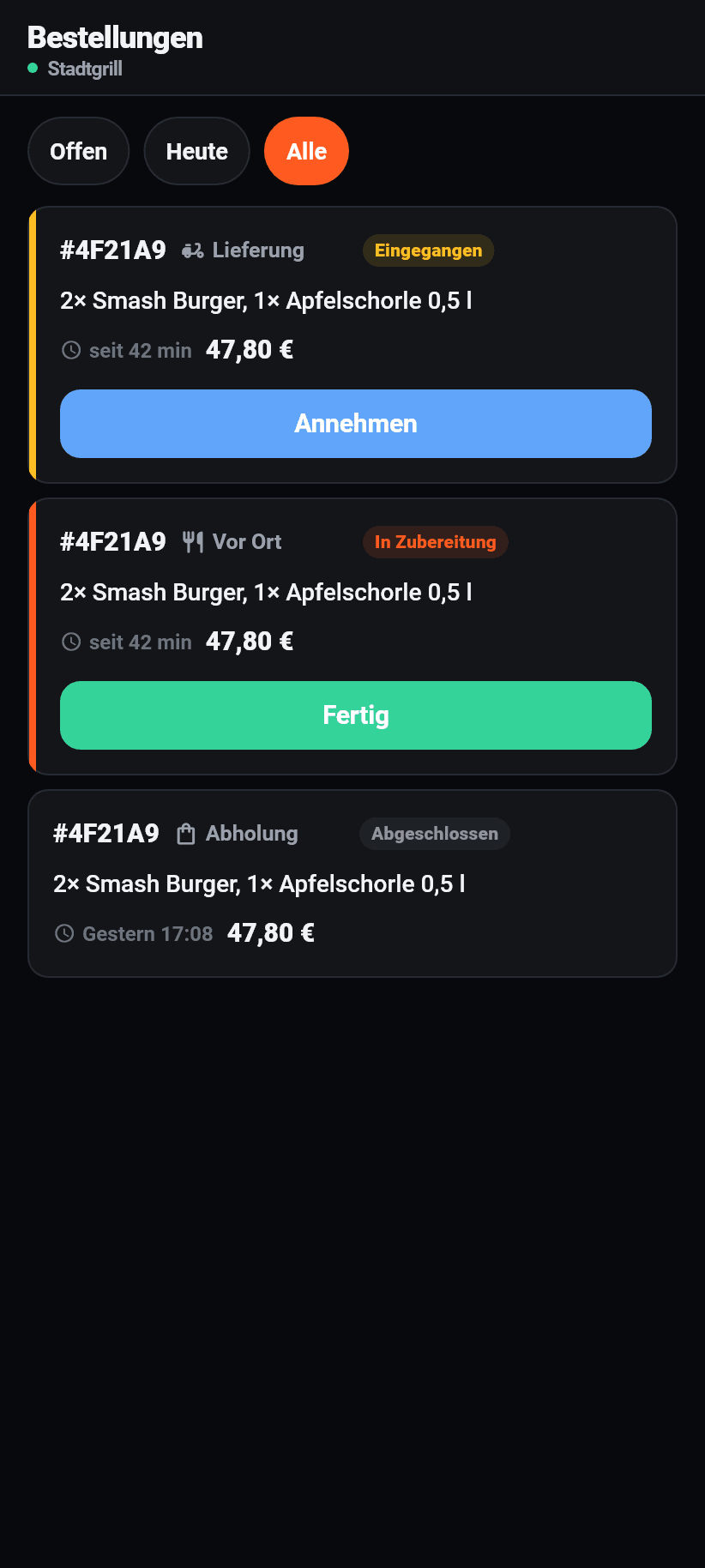 Die App für den Betrieb: Bestellungen