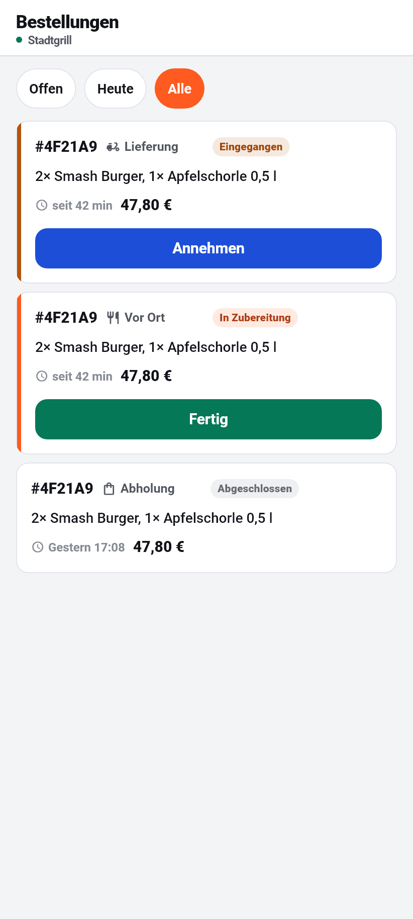 Die App für den Betrieb: Bestellungen