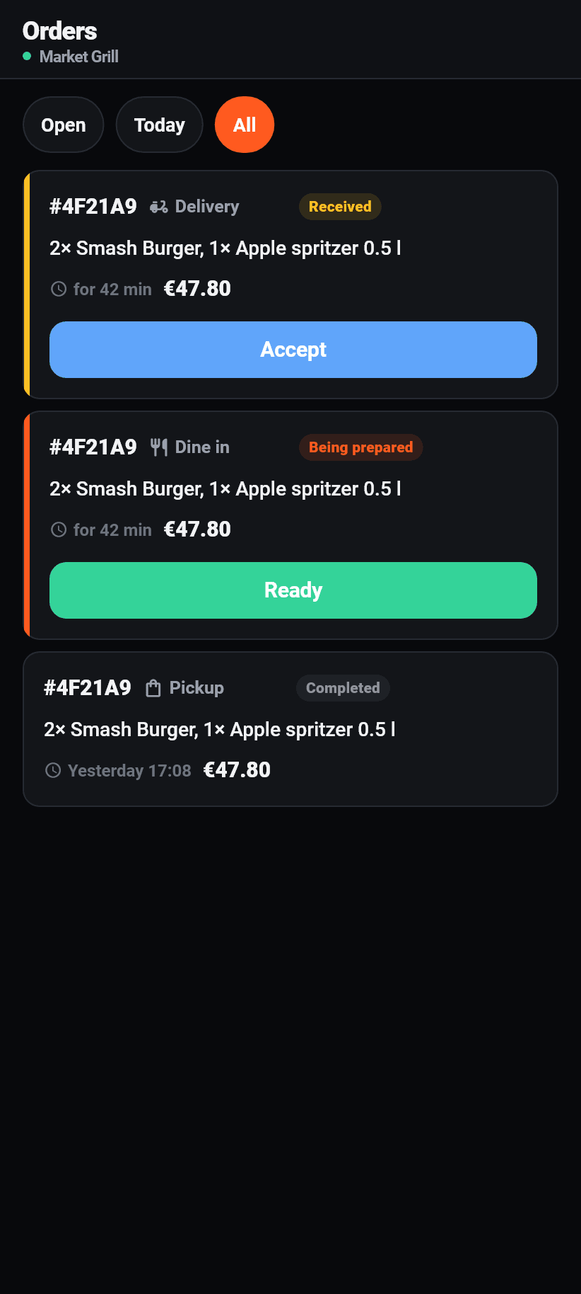 The app for the restaurant: Orders