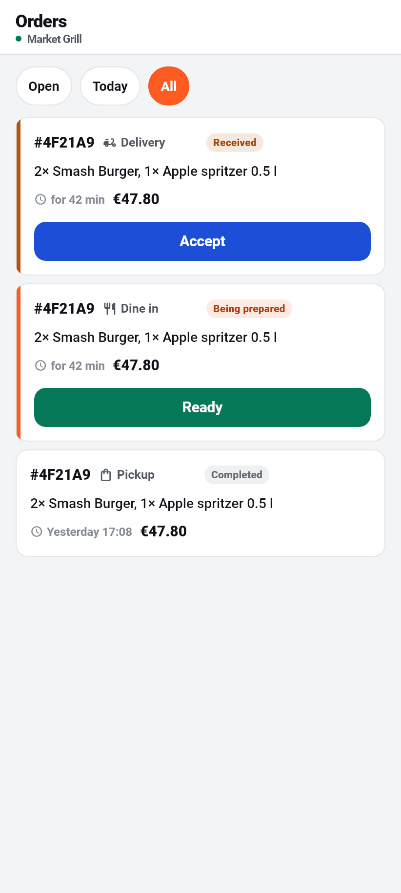 The app for the restaurant: Orders