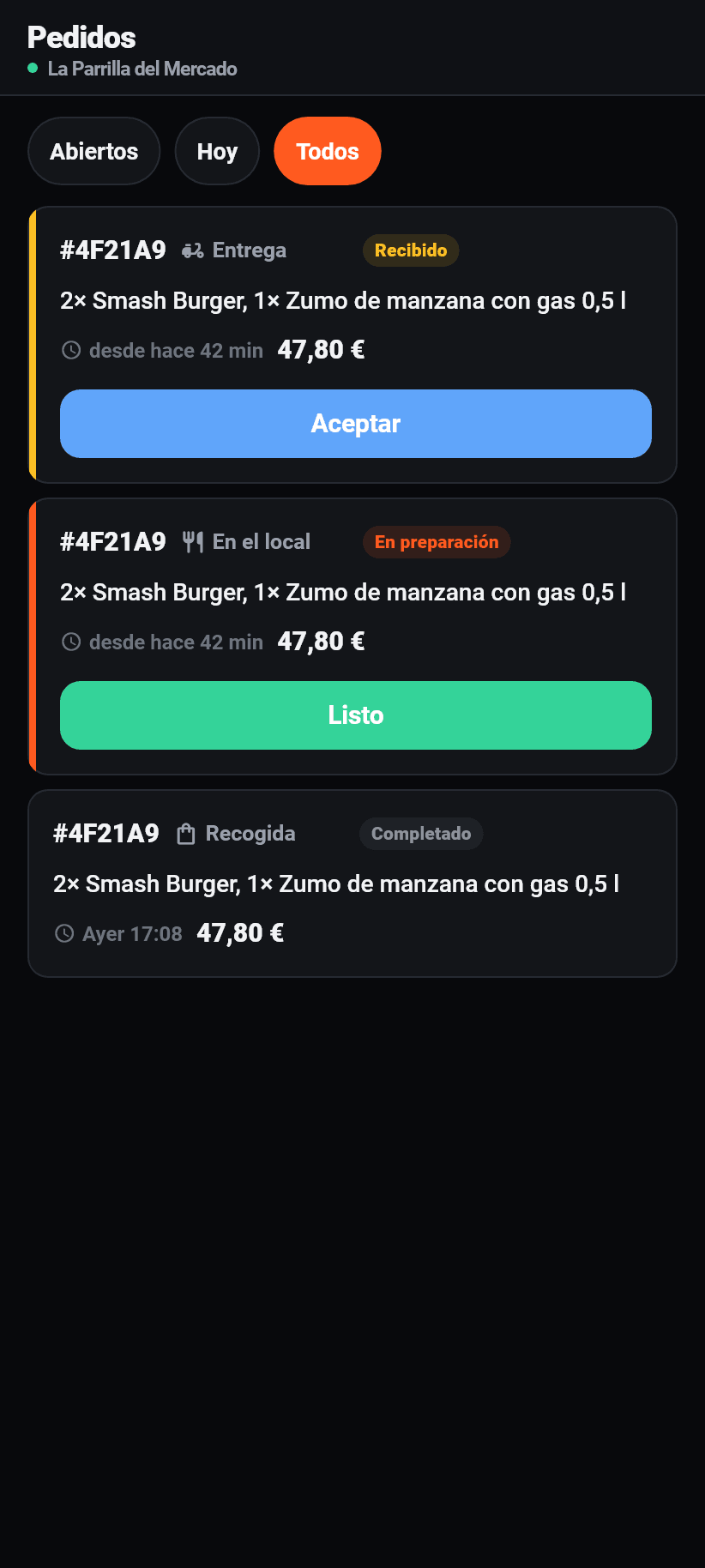 La aplicación para el negocio: Pedidos