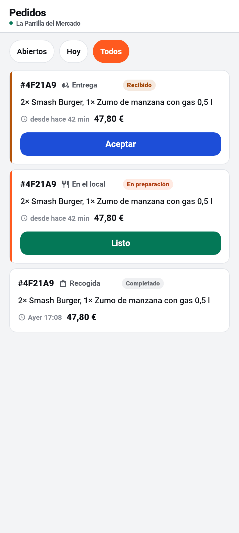 La aplicación para el negocio: Pedidos
