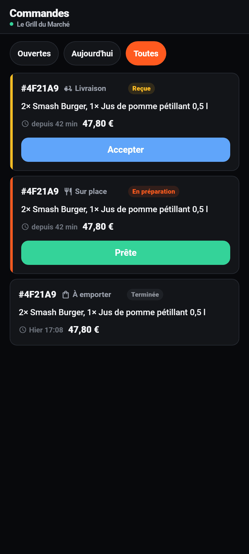 L'application pour l'établissement: Commandes