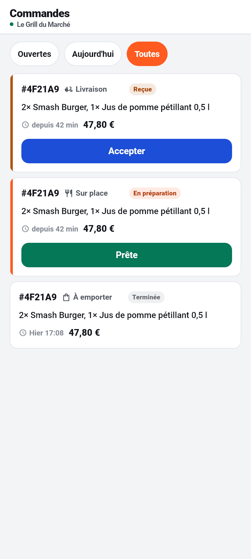L'application pour l'établissement: Commandes