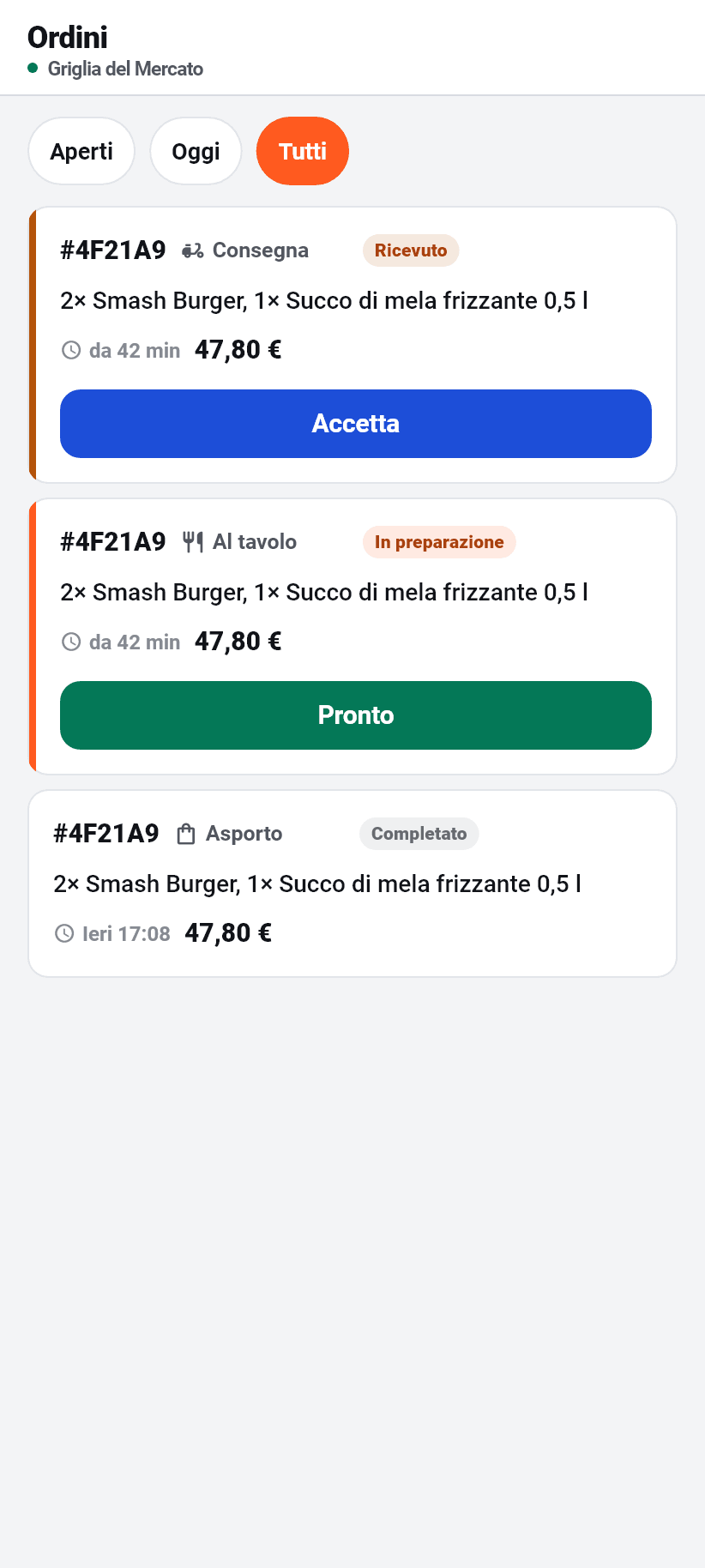 L'applicazione per il locale: Ordini